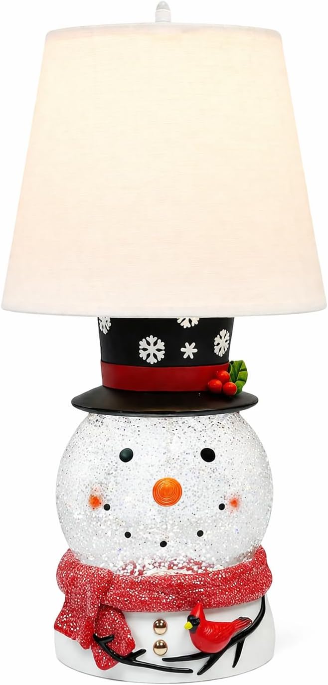 MOMENTS IN TIME Christmas Snowman Table Lamp with Glitter Spinning Water Globe, LED Lighted Holiday Lamp with Fabric Shade, USB or Battery Operated, 17.5 Inch Decorative Home Decor