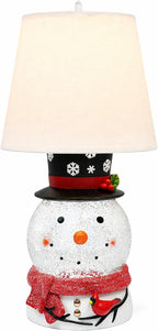 MOMENTS IN TIME Christmas Snowman Table Lamp with Glitter Spinning Water Globe, LED Lighted Holiday Lamp with Fabric Shade, USB or Battery Operated, 17.5 Inch Decorative Home Decor