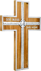 Wall Cross Retro Catholic Wooden Hanging Crosses Baptism with Metal Spiritual Religious Cross with Hook Silver Edge Blessed Letter Design Christmas Crucifix Gift for Church Home Wall Decor