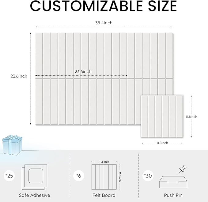 Large Cork Bulletin Board for Wall 36"x24", 6 Pack Felt Slat Wall Panel Tiles with 30 Pushpins, 25 Safe Removable Adhesive Tabs, Decorative Pin Board Tack Board for Office Home School