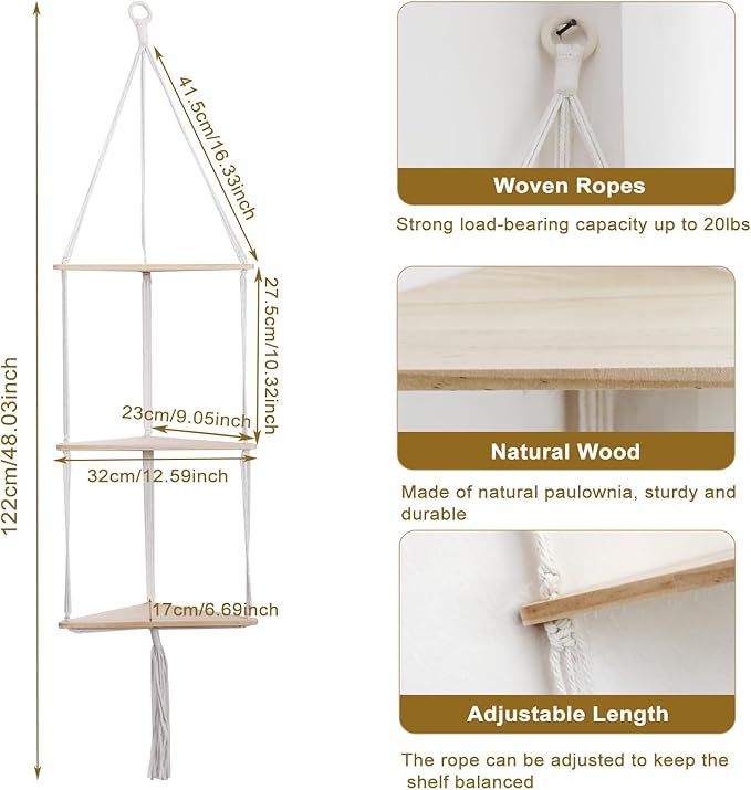 Artilady White Corner Floating Shelves Wall Hanging- Macrame 3 Tier Corner Shelf Plant Wall Decor Boho Rustic Wooden Storage Orgnizer for Bedroom Living Room Pots Photos