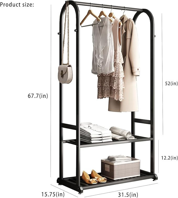 Freestanding Clothing Rack,Metal Garment Rack with Bottom Shelves and 6 Side Hooks,Black sturdy clothes racks for hanging clothes,Modern Wardrobe Organizer for Bedroom or Closet (L:31.5IN)