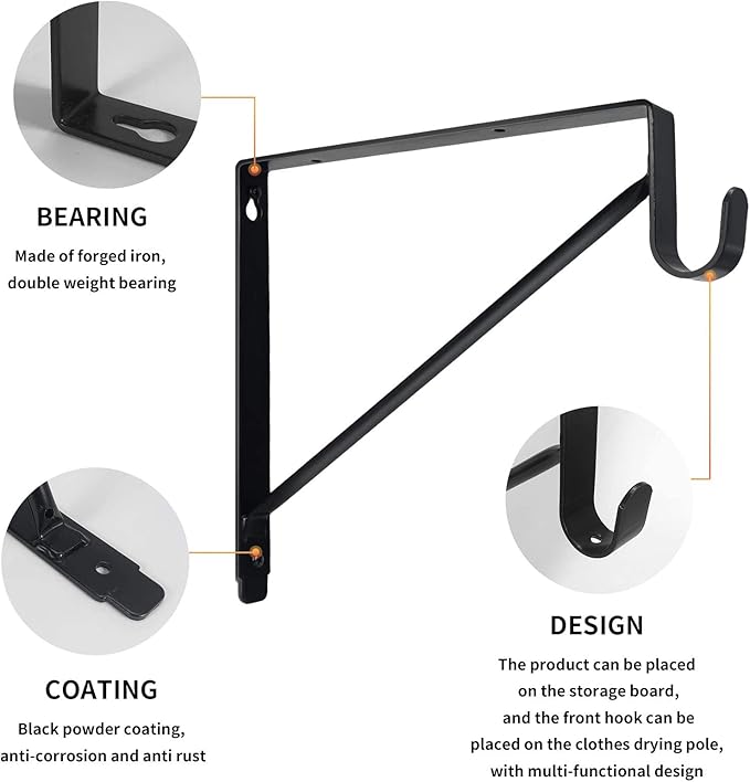 Kunzye 2 Pack Heavy Duty Closet Shelf & Rod Brackets, Black Steel, Wall Mount, Clothes Hanger Pole Support, Closet Shelves Bracket with Rod Shelving Support
