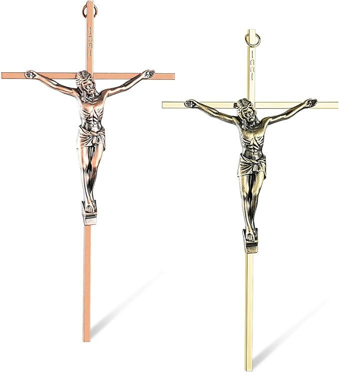 ACHIBANG 2 Pack Crucifix Wall Cross – Gold & Copper Catholic Jesus Crosses for Wall, 10" Metal Crucifix Decor for Blessing & Protection
