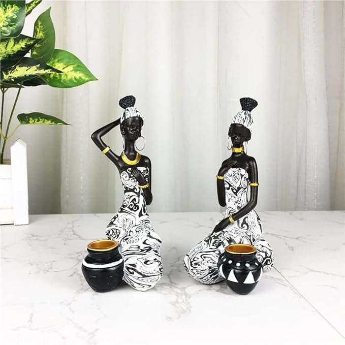 African Statues Art Sculptures Women Figure Girls Tribal Lady Figurine Black Women Home Decor Collectible Creative Vintage Gift Crafts (Black+White)