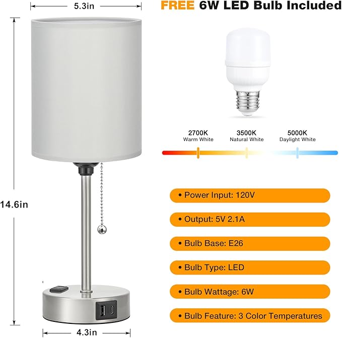 Dicoool Grey Bedroom Lamp for Nightstand - 3 Color Temperature Table Lamp with USB C and A Ports, Pull Chain Bedside Lamp with AC Outlet, Desk Lamp with Silver Metal Base for Kids Girls