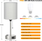 Dicoool Grey Bedroom Lamp for Nightstand - 3 Color Temperature Table Lamp with USB C and A Ports, Pull Chain Bedside Lamp with AC Outlet, Desk Lamp with Silver Metal Base for Kids Girls