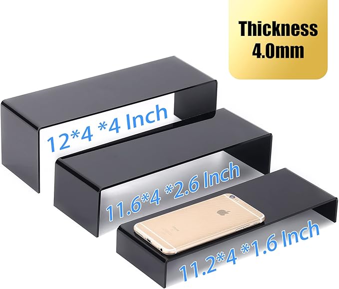 ANDGOO 6Pcs Large Acrylic Risers, 2 Set(11.2”L~11.6”L~12”L) Black Rectangular Showcase Collectibles Display Shelf, Retail Desktop Display Stand for Organize and Decoration
