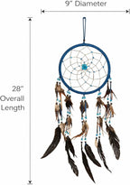 OMA Large Blue Dream Catcher with Turquoise Stones and Feathers, Traditional Dreamcatcher for Bedroom, Living Room, Dorms & Gift - Size – 28” x 9”