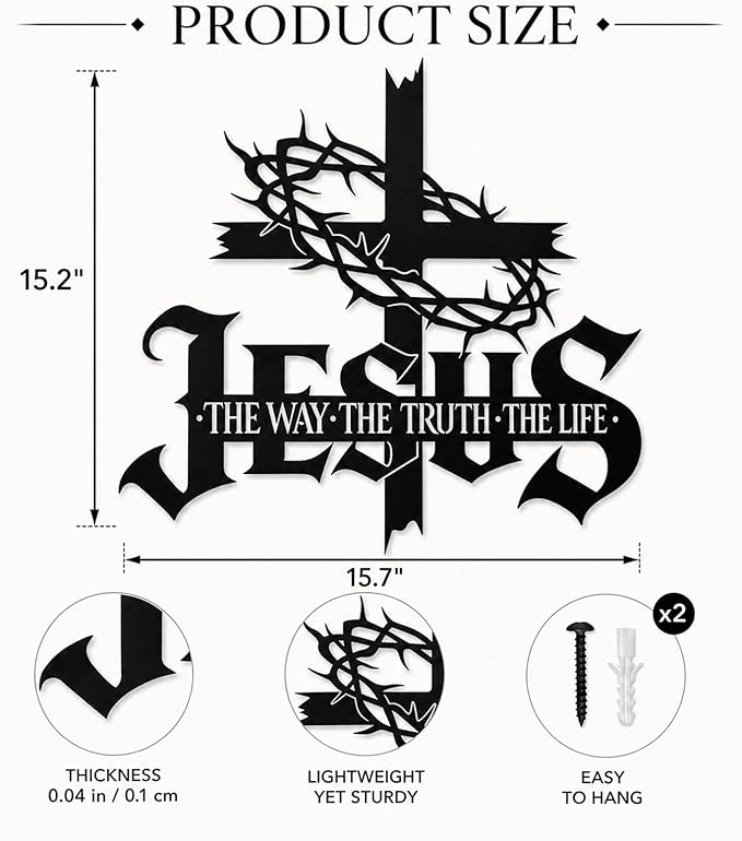 Jesus Wall Art Cross Wall Decor with Crown of Thorns - Metal Christian Wall Art "The Way The Truth The Life" Sign, Black Iron Religious Wall Art & Christian Wall Decor for Home Living Room Church(15.7"L x 15.2"W)