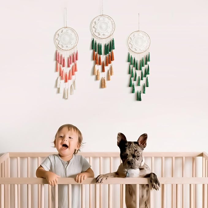 Artilady Macrame Dream Catchers for Bedroom - Tassel Wall Hanging Handmade Dreamcatchers Home Decor with Tassel Feather Ornament Craft Blessing Gift (Dark Green)