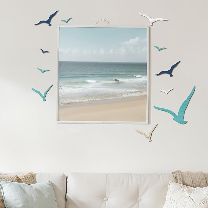 Wesiti 11 Pcs Wooden Seagull Wall Decor Nautical Theme Beach Coastal Art Small Seagull Sea Birds Wall Decor Ocean Adhesive Sculpture Vintage Ornaments for Home Bathroom(Brown Blue White)