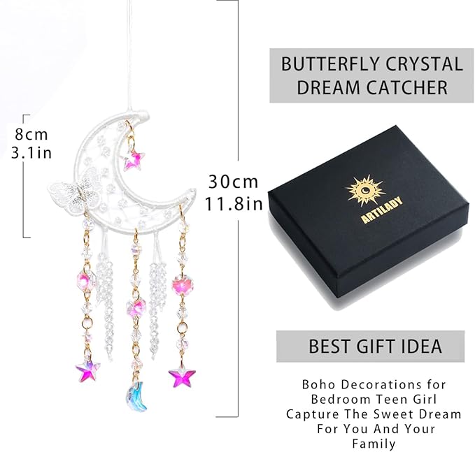 Artilady Dream Catcher for Girls - White Butterfly Small Moon Dream Catchers with Crystals Cute Room Decor for Teen Girls Boys Boho Bedroom Wall Home Decorations Birthday Christmas Women Gifts