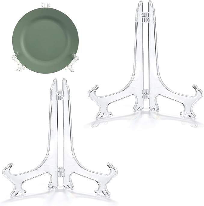 Nogeqi 2 Pieces Clear Acrylic Plate Stands for Display, 10 Inch, Folding Plate Holder, Clear Acrylic Easel Display Stands for Pictures or Other Items for Weddings, Birthdays, Home Decoration, Tables