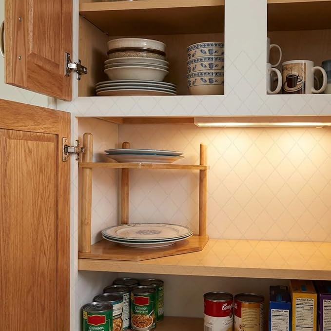 3-Tier Expandable Bamboo Corner Shelf - Dish/Plate Organizer for Cabinet, Kitchen Counter Shelf & Small Kitchen Shelf, Adjustable (6.7" H-2PC, 2-Tier)