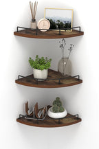 HORLIMER Floating Corner Shelf Wall Mount, Set of 3 Rustic Wood Corner Wall Shelves with Fence for Bedroom, Living Room, Bathroom, Kitchen, Brown