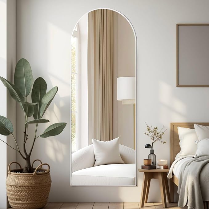 Prywot Arched Floor Mirror, 57 "x 20" Full Length Mirror Wall Mirrors Hanging or Leaning Arched-Top Full Body Mirrors with Stand for Bedroom, Dressing Room, White