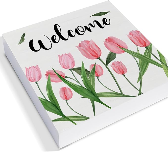 Flower Tulips Spring Wooden Box Sign Farmhouse Spring Welcome Wood Box Sign Art Blocks Desk Sign Rustic for Shelf Tabletop Home Decor 5 X 5 Inch