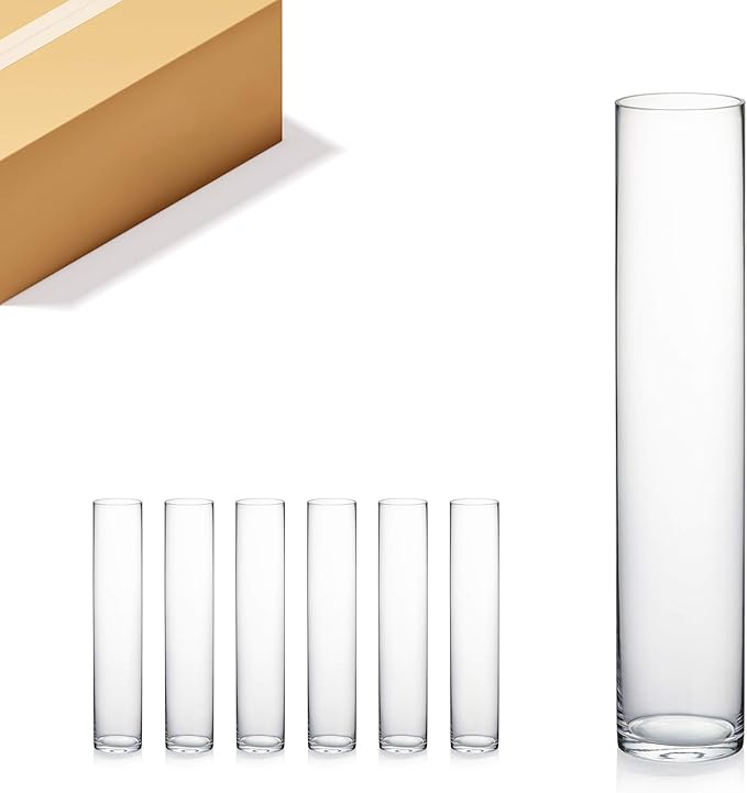 WGVI Quality Thick Weighted Tall Clear Cylinder Glass Vases, 4" W x 20" H, Flower Arrangement Floating Candle Holders Wedding Centerpieces Event Floral Tabletop Display Décor, Bulk Wholesale, 6 Pcs