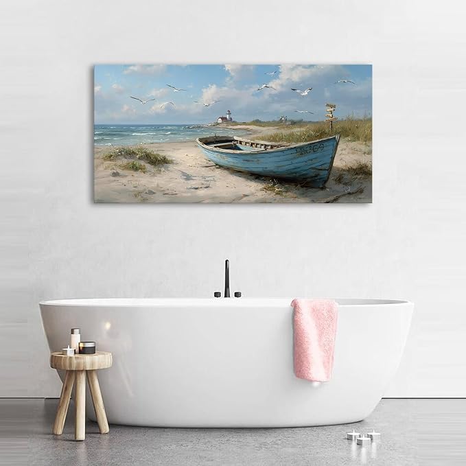 Beach Wall Art Coastal Wall Decor Nautical Ocean Canvas Picture Nature Boat Seagull Seascape Prints Artwork Bathroom Decor Rustic Seaside Scenery Painting Living Room Bedroom Home Decoration 24x48"