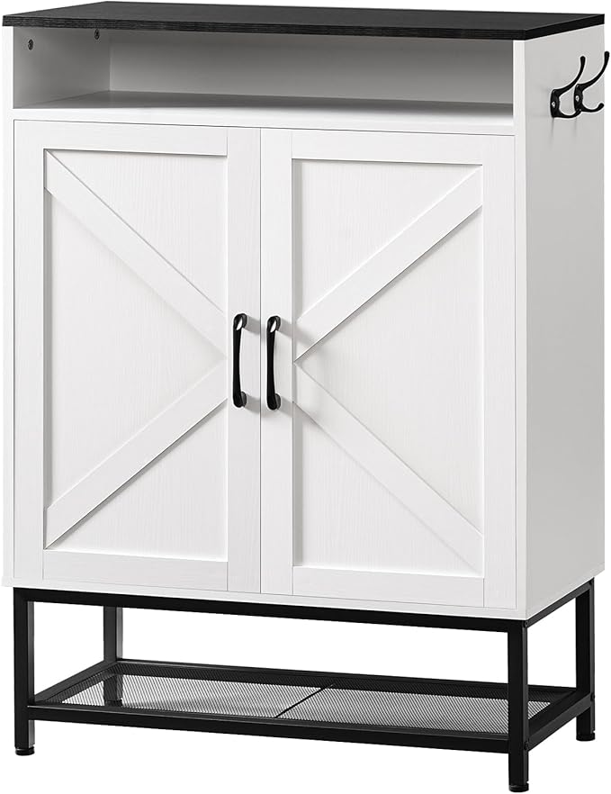 Shoe Storage Cabinet, Farmhouse Shoe Cabinet for Entryway, 6-Tier Shoe Organizer with Doors and Shelves, Narrow Hidden Freestanding Shoe Rack Cabinet for Entrance, White and Black SHHW9501