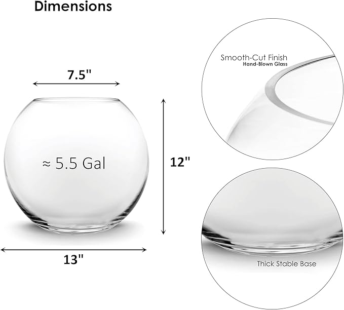 CYS EXCEL Large Glass Bubble Bowl (H-12" W-13", Approx. 5.5 Gal.) Round Bowl Terrarium Globe Flower Vase Centerpiece for Weddings Events Arrangements