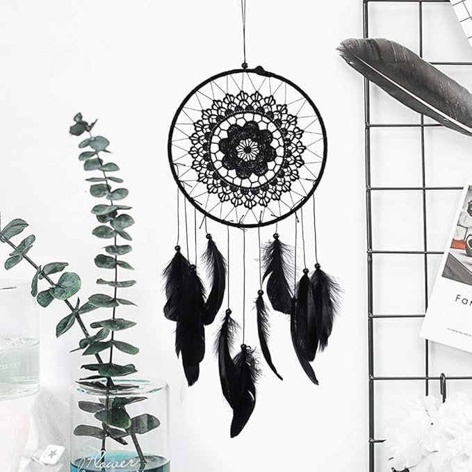 Dream Catcher, Wall Mounted Dream Catcher Feathered Dream Catcher Handmade Dream Catcher Black Boho Bedroom Dream Catcher