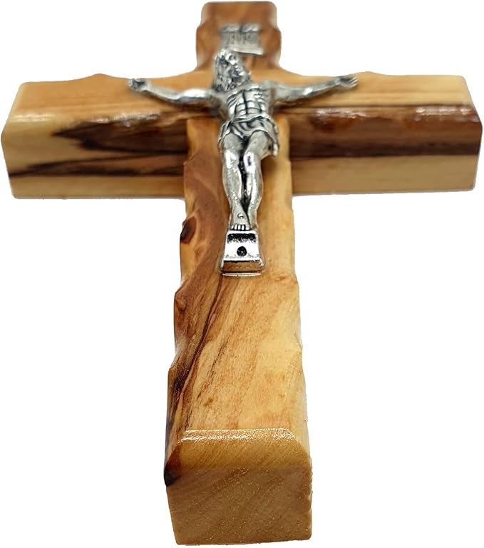 Zuluf 4.7" Catholic Wall Crucifix Olive Wood Cross with Silver Jesus Corpus – Handmade Christian Religious Wall Hanging Decor – Faith Gift from Jerusalem CRS058