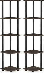 Furinno TURN-N-TUBE Corner Shelf Set of 2, 5-Tier Corner Bookshelf, Open Storage Shelves, for Organization and Storage, Living Room, Home Office, Garage, Dark Brown Grain