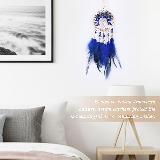 Pretty Jolly Small Tree of Life Crystal Stone Dream Catchers Deepblue Feathers Mini Dreamcatchers for Car Rear View Mirror Hanging Decoration Good Luck Travel Charm Bedroom Ornaments for Women Girls