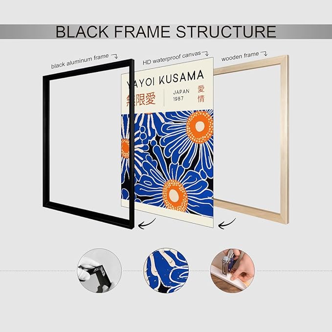 Yayoi Kusama Print Vintage Japanese Wall Art Abstract Yayoi Kusama Poster Minimalist Painting Art Exhibition Suitable for Japanese Bedroom,Living Room Office Decor 8x10in Black Framed