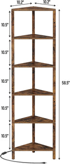 TUTOTAK Corner Shelf with LED Light, 6-Tier Corner Bookshelf for Small Space, Narrow Display Corner Shelf Stand with Storage Rack, for Living Room, Bedroom, Brown BS05BC006L