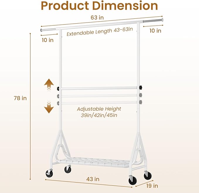 Heavy Duty Clothes Rack for Hanging Clothes, Double Rods Clothing Rack with Lockable Wheels, Rolling Garment Racks with Shelf, Easy to Assemble, White
