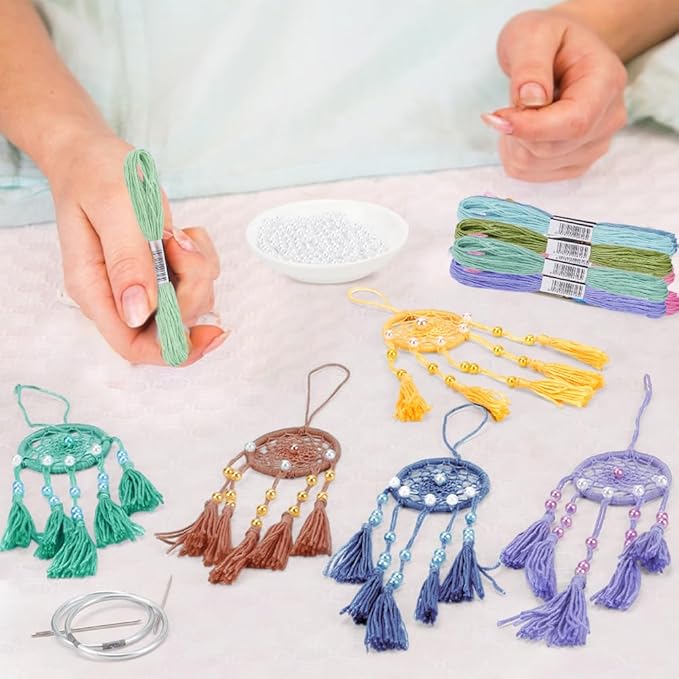 INFUNLY 24 Set DIY Small Dream Catcher Kit Candy Colors Round Mini Dream Catcher Kit Handmade Dreamcatcher Kit with Instructions Boho Hanging Ornament Making Kit for Bedroom Car Mirror Keychain Bag