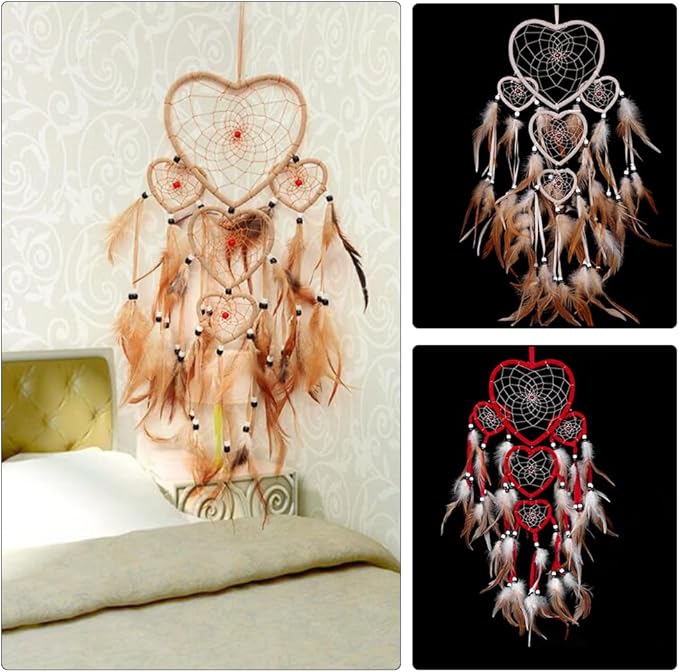 Dream Catcher with Feathers, Heart Shaped Dream Catcher Indians Traditional Love Net Wall Hanging Bedroom Home Car Decor (Red)