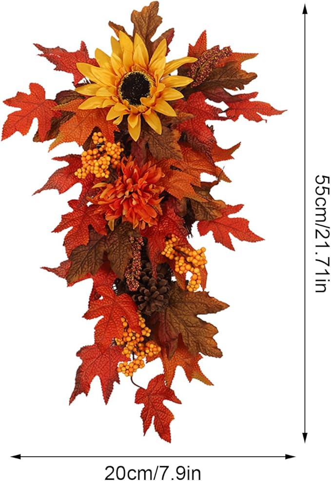 21.7Inch Artificial Fall Harvest Teardrop Swag for Front Door Orange Maple Faux Fall Leaves Hanging Vine with Pinecone Sunflower Harvest Autumn Floral Swag for Home Wall Decor
