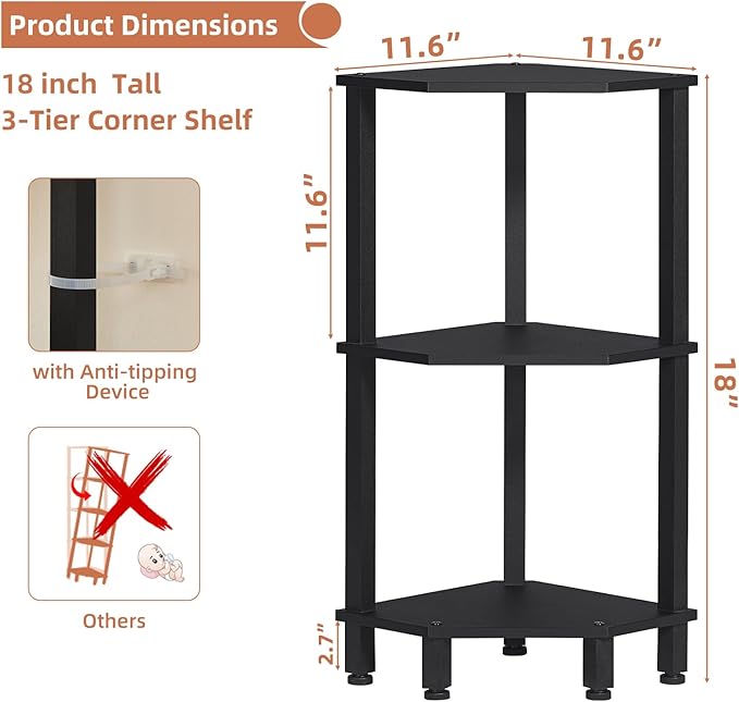 YUFAM 3-Tier Corner Shelf with Sturdy 5-Leg Base, Wooden Corner Bookshelf for Small Spaces, Small Corner Table for Living Room, Bedroom, Office, Black
