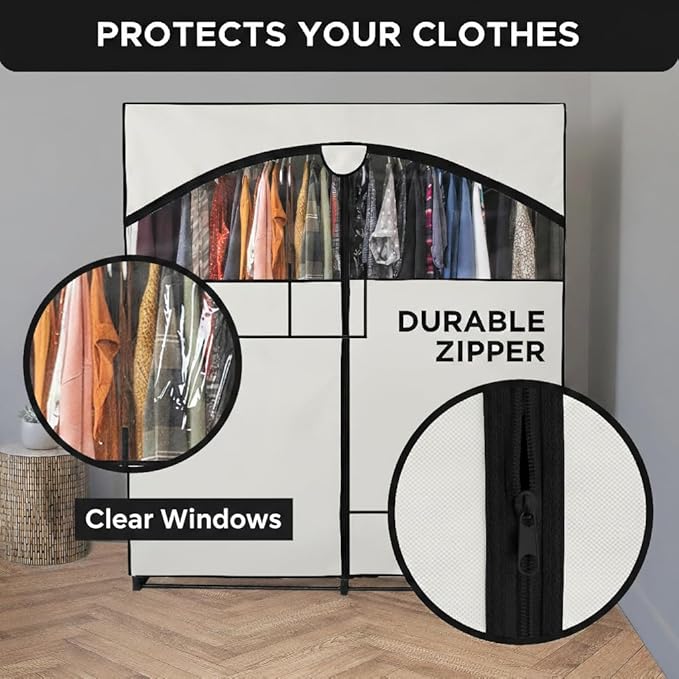 HOLDN’ STORAGE Portable Wardrobe Closet - 65 lb Large Capacity, Internal Heavy Duty Metal Rod, Zipper & Clear Window, Durable Clothes Organizer, Tool-Free Easy Assembly, White Canvas Cover