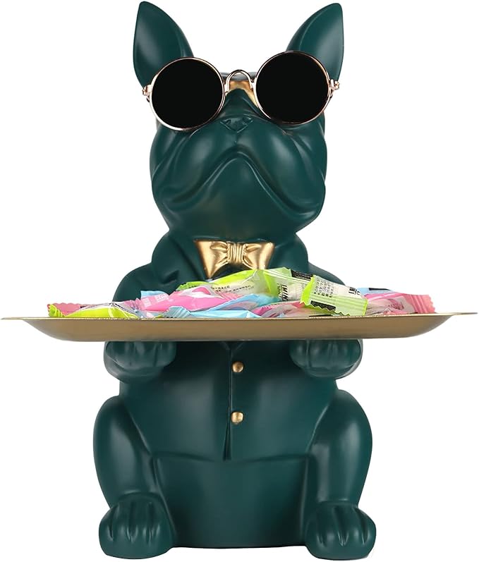 Modern Decor Resin Bulldog Tray Statue Tray Storage Key Holder Candy Jewelry Earrings Tray Suitable for Home Decor Modern Art Dining Table Decor Office Small Object Tray (Green)