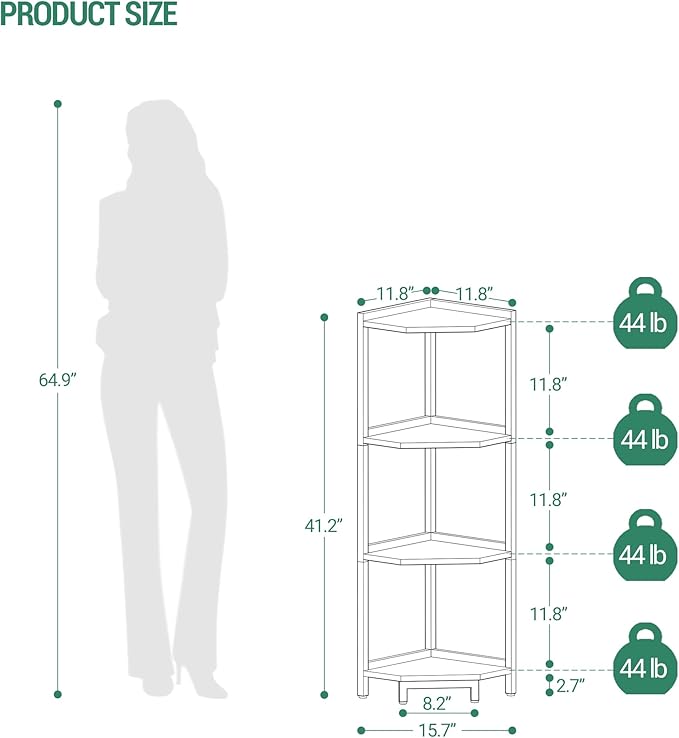 Hzuaneri Corner Shelf Stand, Corner Bookshelf, Storage Standing Shelf Unit with Metal Frame, Plant Stand, Bookcase for Living Room, Home Office, Bedroom, 4-Tier White Gold CS05803A