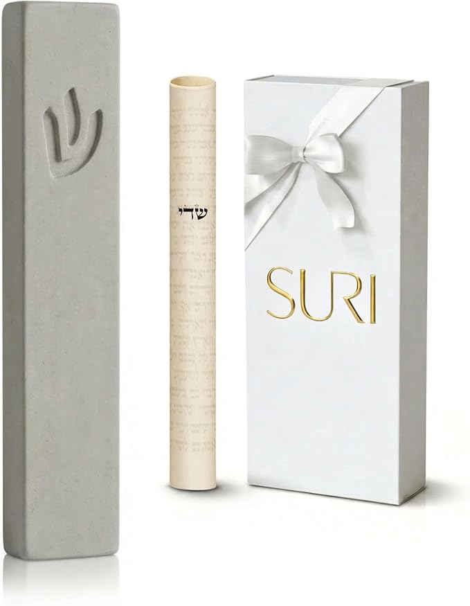 SURI Mezuzah for Door – 7 Inch Light Gray Concrete Mezuzah Case with Printed Scroll, Self-Stick Jewish Entry Design, Fits a 6 Inch Scroll, Gift Box Included