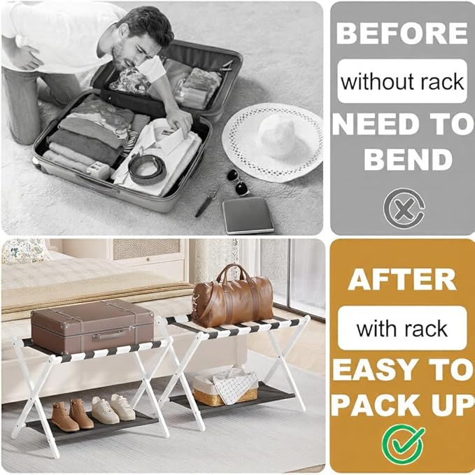 Bamboo Luggage Rack for Guest Room, 26.77" Folding Wide Suitcase Stand with Fabric Storage Shelf, Thickened Luggage Stand Holder for Bedroom Hotel, Luggage Rack for Suitcases (1 Pack - White)