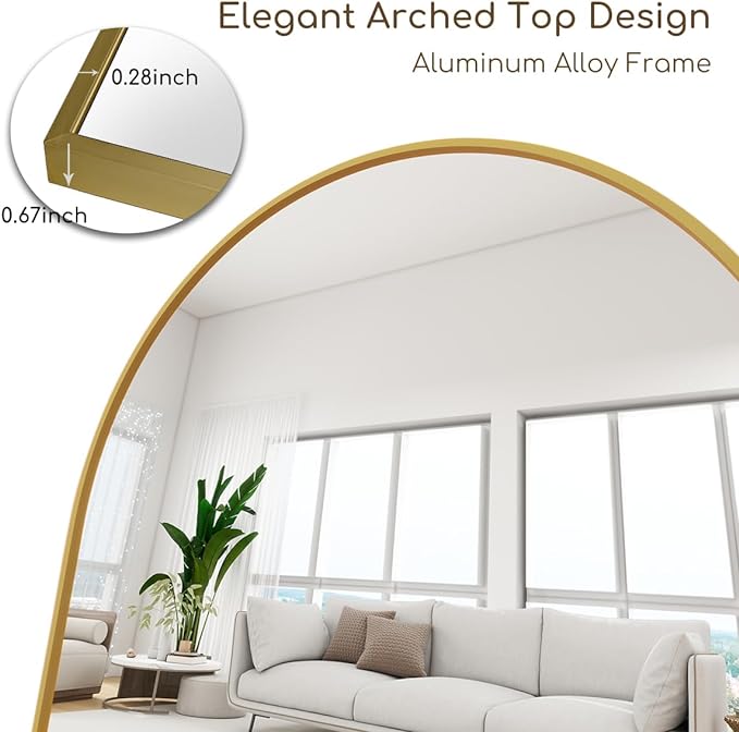 Prywot Arched Floor Mirror, 58 "x 18" Full Length Mirror Wall Mirrors Hanging or Leaning Arched-Top Full Body Mirrors with Stand for Bedroom, Dressing Room, Gold