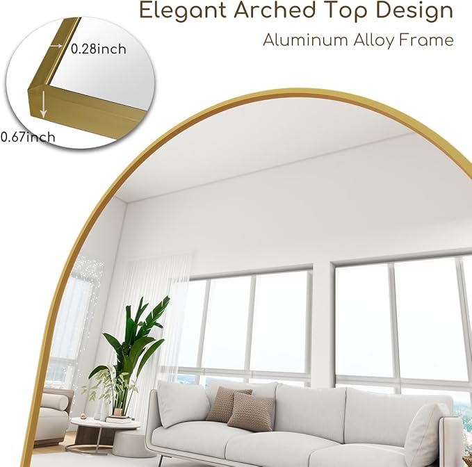 Prywot Arched Floor Mirror, 76 "x 34" Full Length Mirror Wall Mirrors Hanging or Leaning Arched-Top Full Body Mirrors with Stand for Bedroom, Dressing Room, Gold