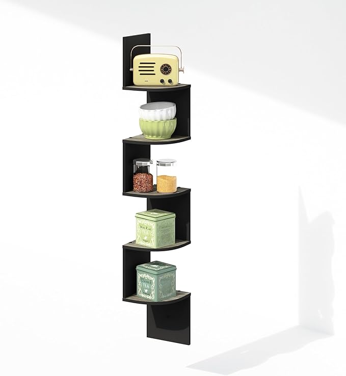 Furinno Rossi 5-Tier Floating Corner Shelf for Wall, Corner Zigzag Shelf Wall Mounted, Radial Wall Mount Shelves, for Home Office, Living Room, Bedroom, Bathroom, French Oak
