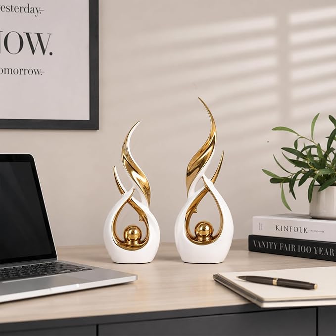 2 PCS White Gold Ceramic Statues For Home Decor Accents, Modern Abstract Art Sculptures, Elegant Tabletop Decorative Objects For Dining Room, Entryway, Tv Stand, Mantel, Coffee Table Centerpieces