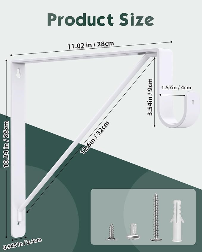 6 Pack Closet Rod Bracket, Heavy Duty Closet Rod Support with Rod Holder, Wall Mounted Closet Shelf Brackets with Triangle Stabilizing Design for Closet, Bathroom and Kitchen, White