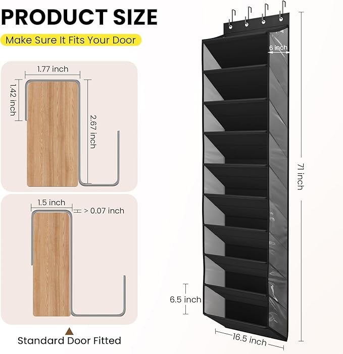 20-25 Pairs Over the Door Shoe Organizer, Clear Pockets Shoe Rack for Closet Door, 10-Tier Hanging Shoe Rack for Boots, Behind the Door Shoe Holder Fit All the Family's Sneakers, Boots, Heels, Black