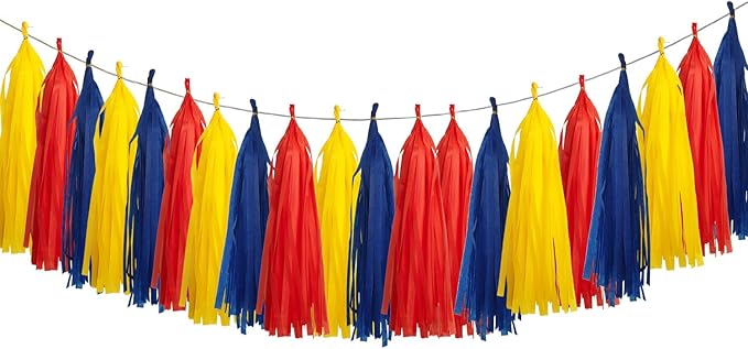 15Pcs Red Blue and Yellow Paper Tassel Garland,Tissue Tassel Banner for Carnival Theme Birthday Party Decorations