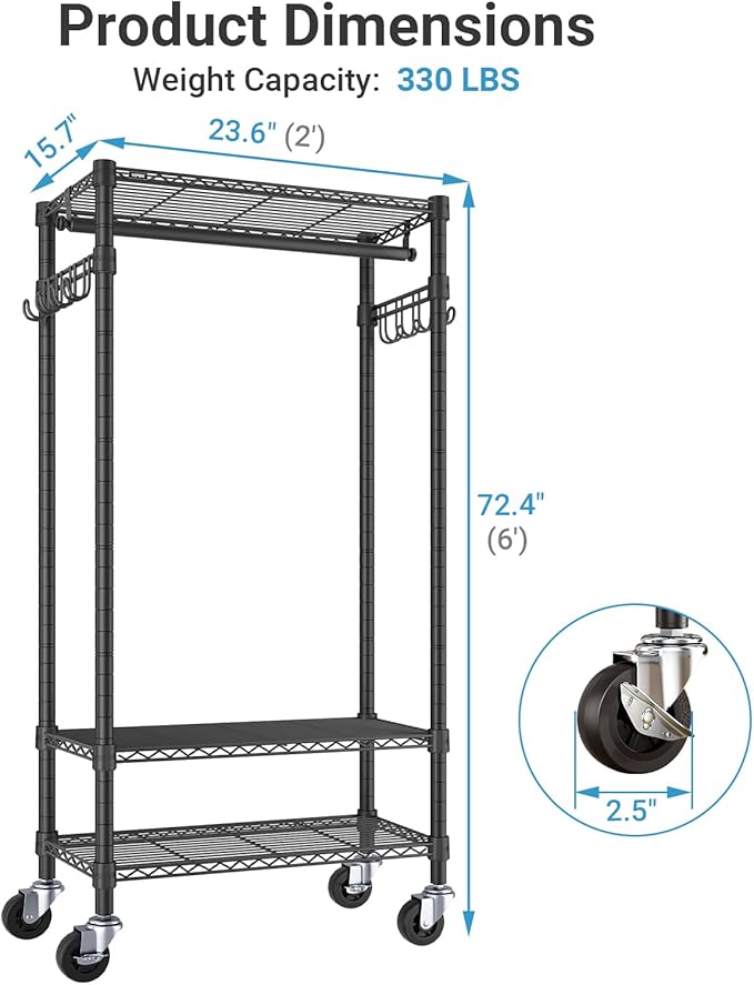 VIPEK R3 Medium Rolling Clothes Racks with Lockable Wheels, Heavy Duty Garment Rack with Adjustable Shelves & Hanging Rod & Side Hooks, Compact Space-Saving Storage for Small Apartments/Dorms (Black)